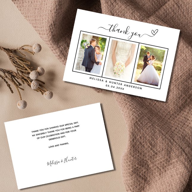 Carte De Remerciements coeur photo mariage simple script élégant (Créateur téléchargé)