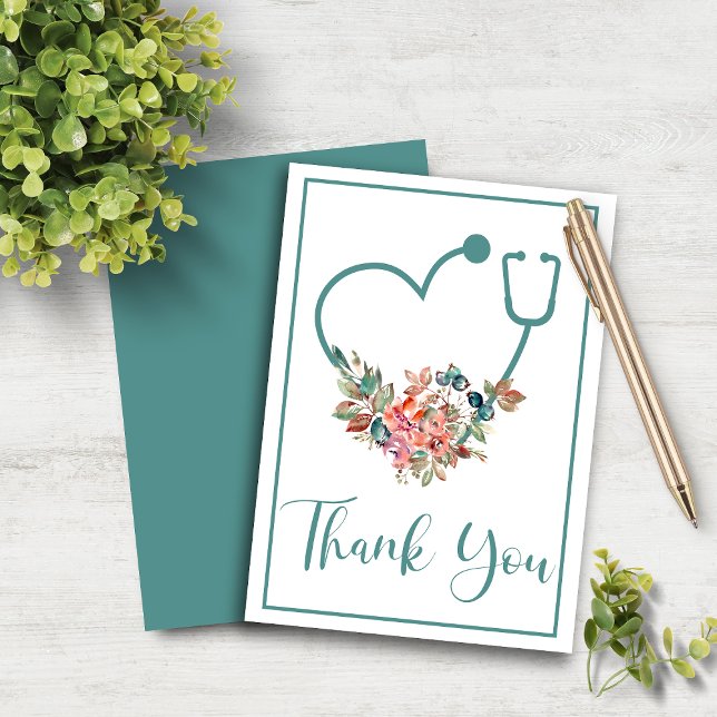 Carte De Remerciements Coeur stéthoscope turquoise Floral (Teal Floral Stethoscope Heart Thank You Card)