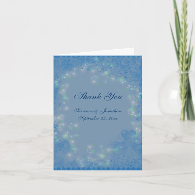 Carte De Remerciements Coeurs bleus Lumières brillantes Mariage personnal (Devant)