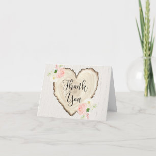 Carte De Remerciements Coeurs boisés rustiques à fleurs roses