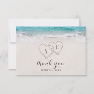 Carte De Remerciements Coeurs dans le sable destination mariage plage