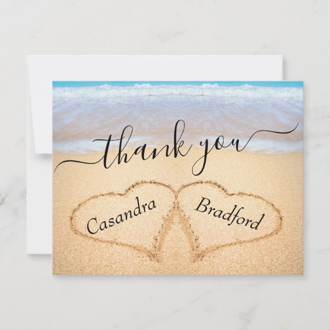 Carte De Remerciements Coeurs de plage tropicaux en Mariage de sable (Devant)