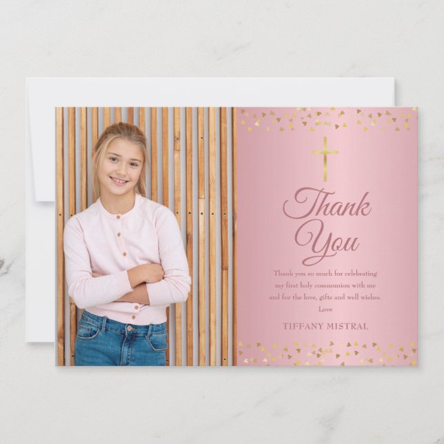 Carte De Remerciements Coeurs d'or du premier Rose de communion (Devant)