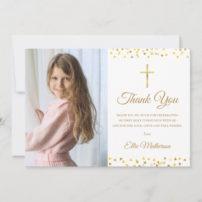 Carte De Remerciements Coeurs d'or Première communion (Devant)