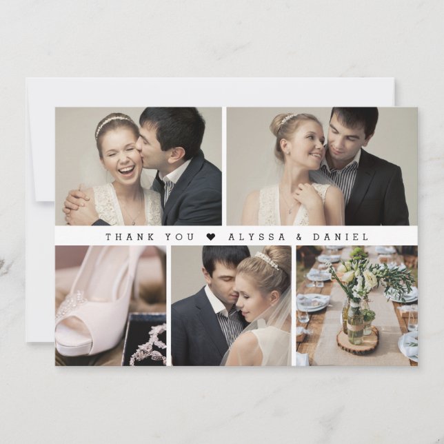 Carte De Remerciements Collage photo de mariage chic noir et blanc élégan (Devant)