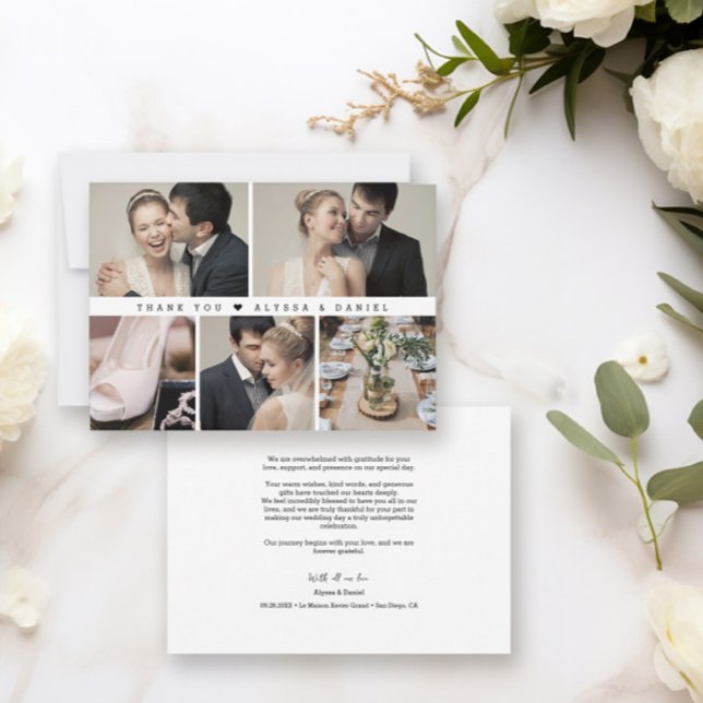 Carte De Remerciements Collage photo de mariage chic noir et blanc tendan (Trendy photo collage grid wedding thank you cards)