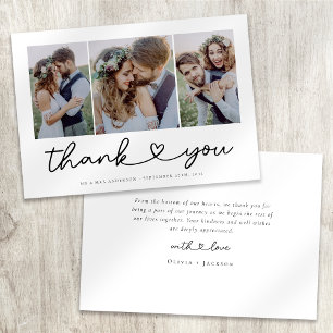 Carte De Remerciements Collage photo Mariage de script de coeur moderne