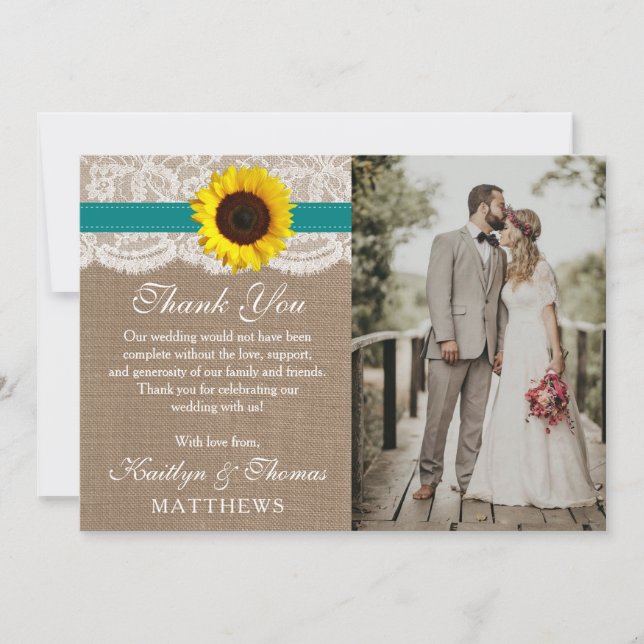 Carte De Remerciements Collection de Mariages de tournesol rustique - Tur (Devant)