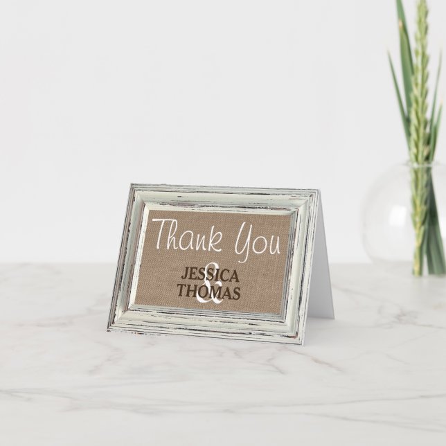 Carte De Remerciements Collection de Mariages Rustic White Frame & Burlap (Devant)