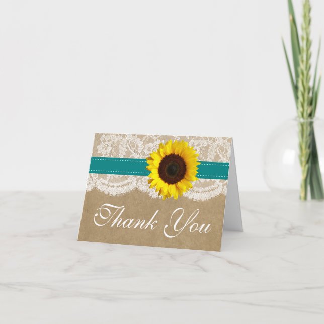 Carte De Remerciements Collection Kraft, dentelle et tournesol - Turquois (Devant)