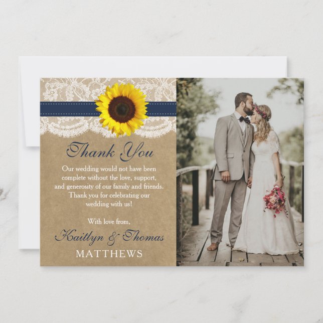 Carte De Remerciements Collection Rustique de Mariages de tournesol Kraft (Devant)