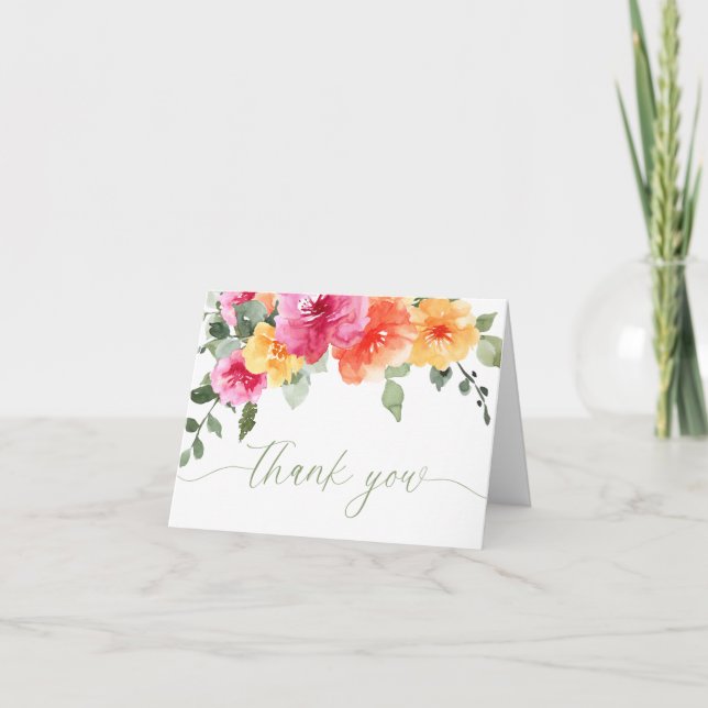 Carte De Remerciements Colorée rose oranger pivoines printemps été fleuri (Devant)