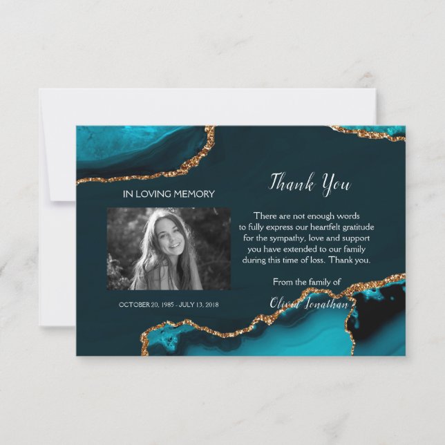 Carte de remerciements commémoratif Turquoise & Or (Devant)