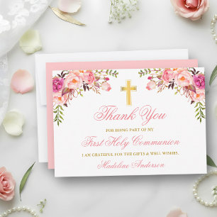 Carte De Remerciements Communion Or Floral Rose Gold Aquarelle