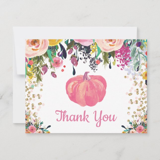 Carte De Remerciements Confettis de paillettes dorées et roses Citrouille (Devant)