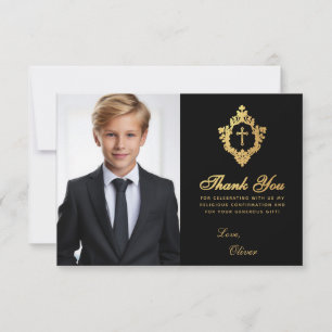 Carte De Remerciements Confirmation Black Gold Crest Elegant Boy Photo