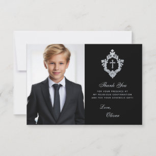 Carte De Remerciements Confirmation Boy Photo Elegant Vintage Crest Black
