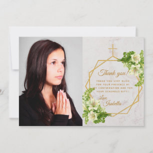Carte De Remerciements Confirmation de fille Lys blancs Croix d'or en mar