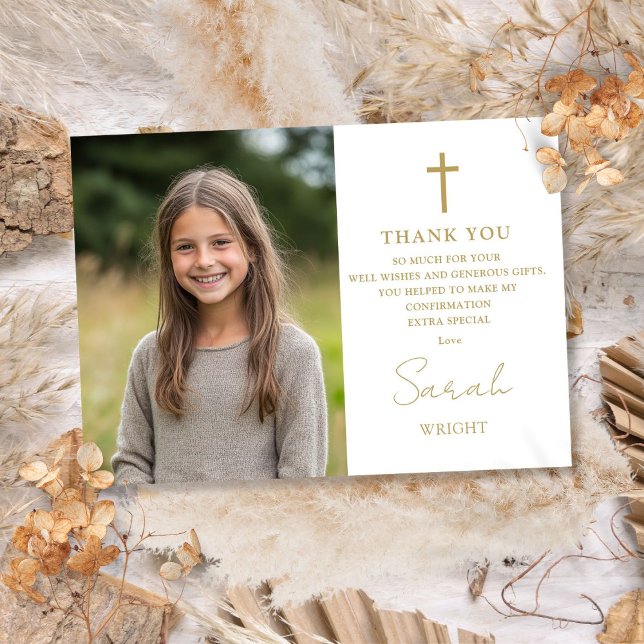 Carte De Remerciements Confirmation de la photo moderne Gold Script (Gold Script Modern Photo Confirmation Thank You Card)