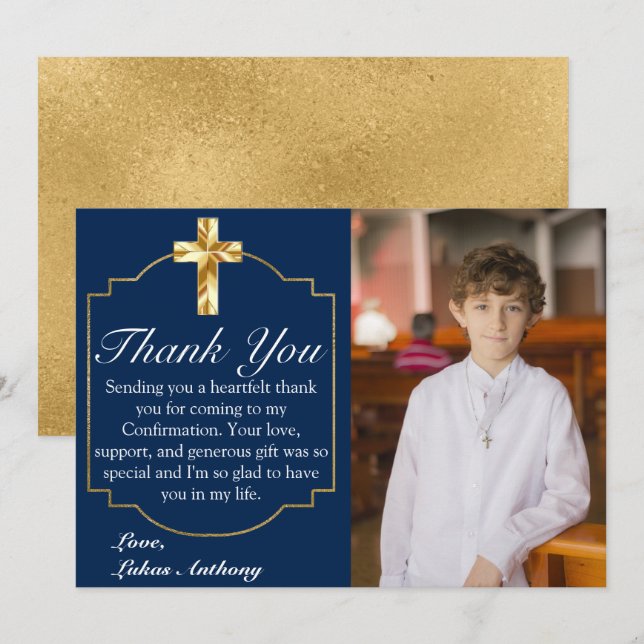 Carte De Remerciements Confirmation de l'élégante Croix d'or bleu marine (Devant / Derrière)