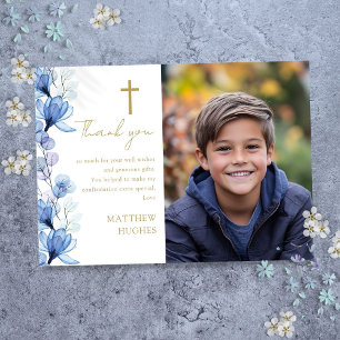 Carte De Remerciements Confirmation de photo florale bleu élégant