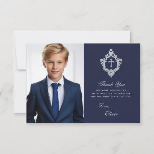 Carte De Remerciements Confirmation Marine Blue Faux Silver Crest Boy Pho