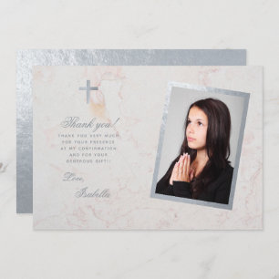 Carte De Remerciements Confirmation Photo Faux Marbre blanc Argent Script