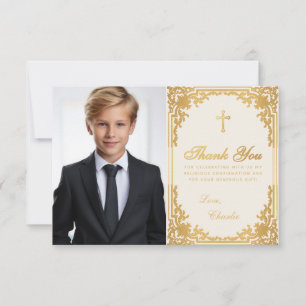 Carte De Remerciements Confirmation Photo Vintage Faux Gold Cross & Ivory