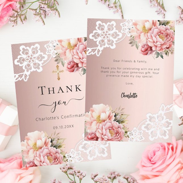 Carte De Remerciements Confirmation rose or rose dentelle florale (Créateur téléchargé)