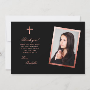 Carte De Remerciements Confirmation Rose photo Gold Croix rose noir