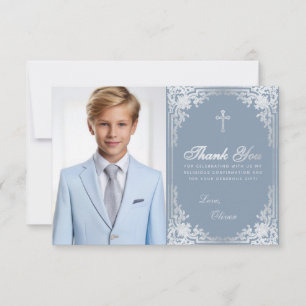 Carte De Remerciements Confirmation Vintage Dusty Blue Silver Boy Photo