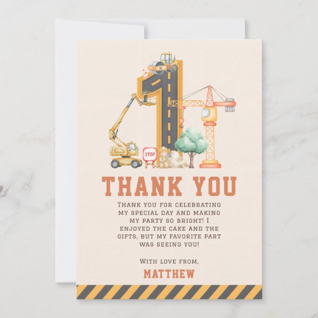 Carte De Remerciements Construction Trucks Birthday Party (Devant)