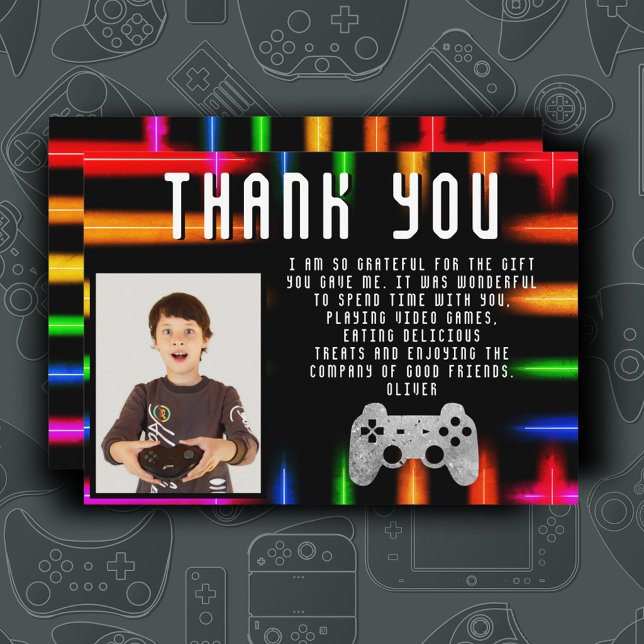 Carte De Remerciements Contrôleur de jeu vidéo Neon Jeu Photo Anniversair (Créateur téléchargé)