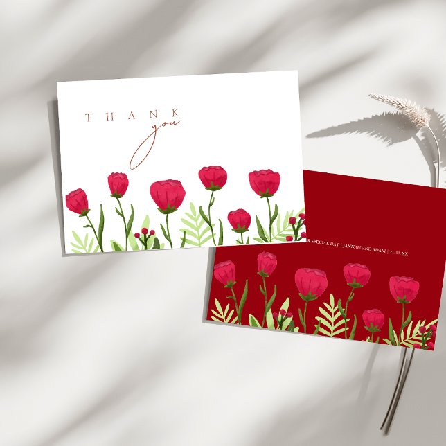 Carte De Remerciements Coquelicots Fleurs Rouges Mariage (Crimson Red Poppies Flowers Wedding Thank You Card)