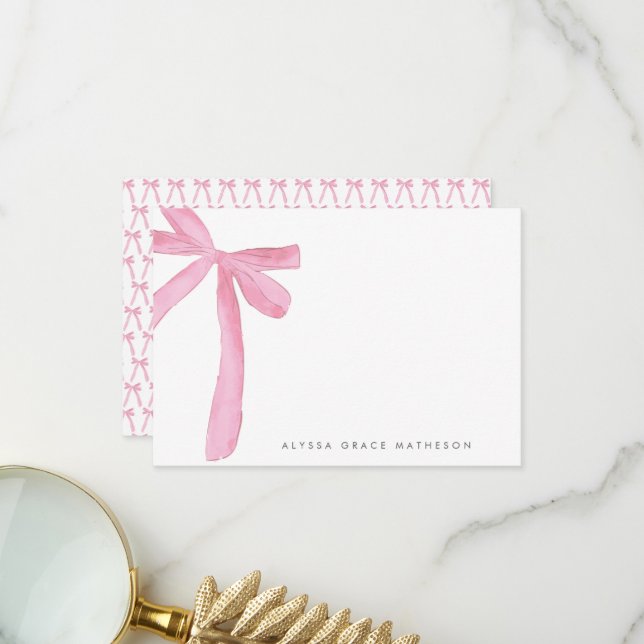 Carte De Remerciements Coquette Blush Pink Bow Nom personnalisé (Devant/Arrière en situation)