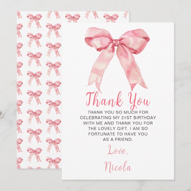 Carte De Remerciements Coquette rose Bow fête d'anniversaire (Devant / Derrière)