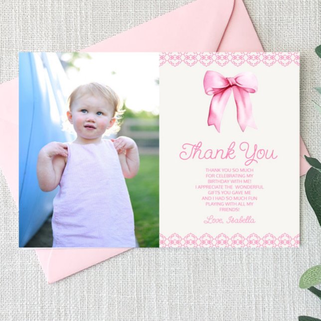 Carte De Remerciements Coquette Rose Bow Personnalisé Photo Anniversaire (Créateur téléchargé)