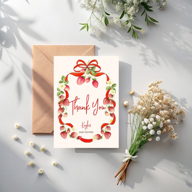 Carte De Remerciements Coquette ruban arc fraise baby shower (Strawberry red bow ribbon coquette baby shower thank you cards berry sweet thank you cards)