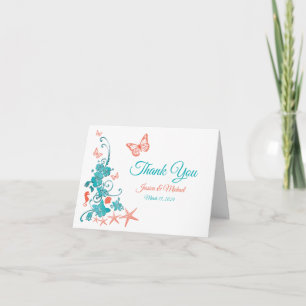 Carte De Remerciements Corail, Turquoise, Mariage de destination blanche