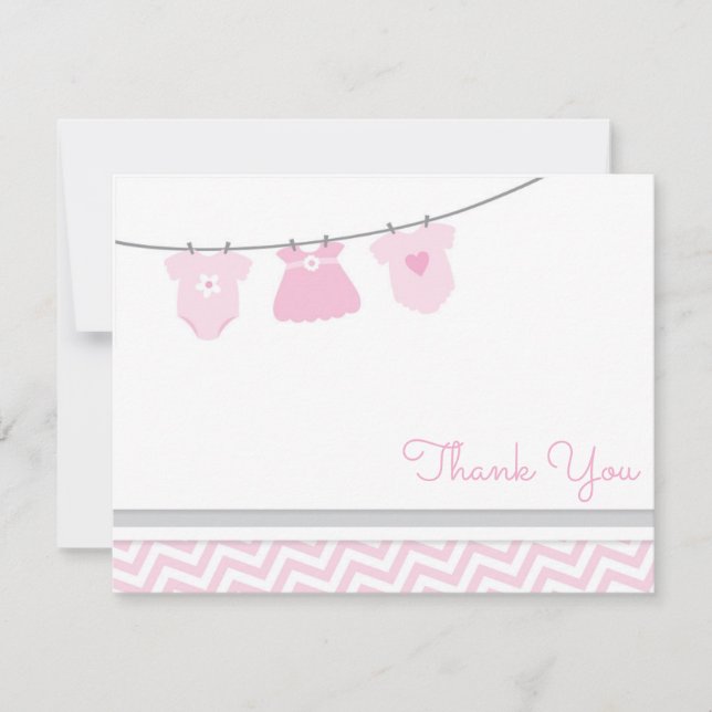 Carte De Remerciements Corde à linge Rose Gris Baby Shower Fille (Devant)