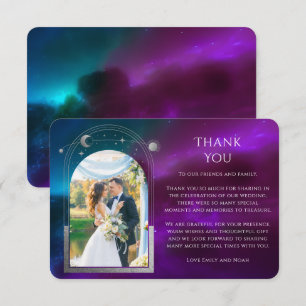 Carte De Remerciements Cosmic violet Turquoise Sun Moon Stars Mariage pho