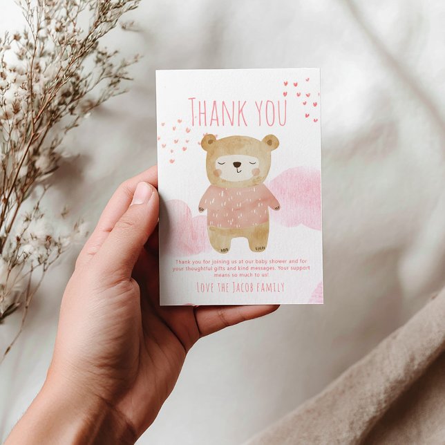 Carte De Remerciements Couchage rose mignon bébé Coeurs et nuages (Pink cute sleepy bear thank you card, baby shower)