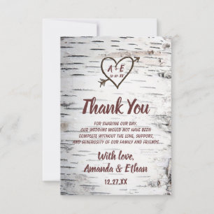 Carte De Remerciements Country Birch Tree Bark Heart Flèche Mariage rusti