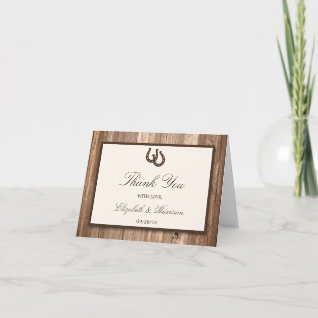 Carte De Remerciements Country Rustic Horseshoe & Brown Wood Mariage (Devant)