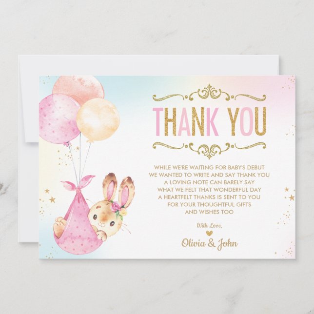 Carte De Remerciements Coup de Baby shower de fille de Bunny Balloons (Devant)