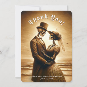 Carte De Remerciements Couple de squelettes sépia gothique mariage vintag