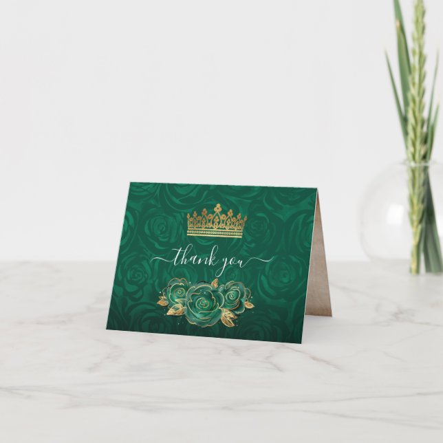Carte De Remerciements Couronne aquarelle pliée vert élégant et or rose (Devant)
