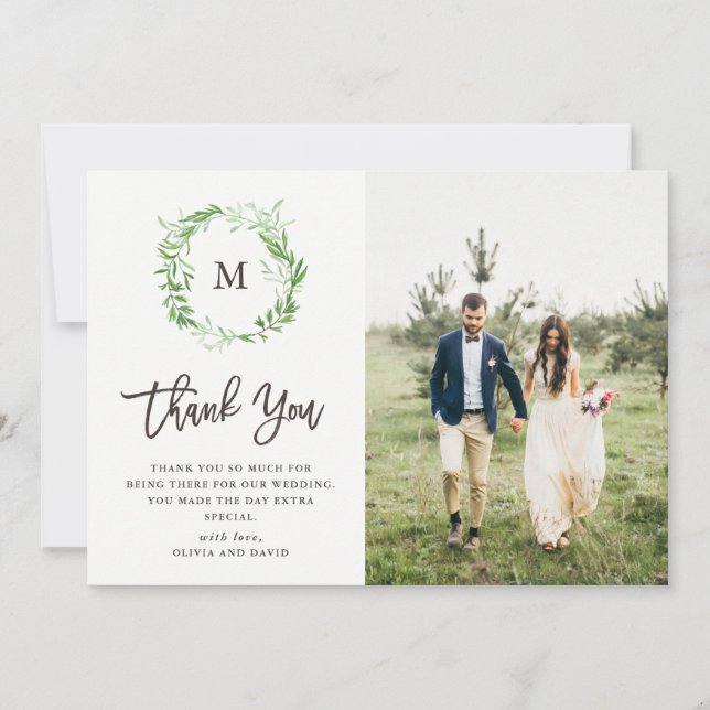 Carte De Remerciements Couronne de feuilles botaniques vertes | Mariage p (Devant)