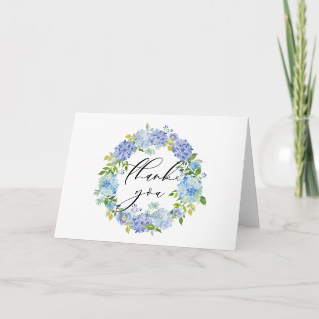 Carte De Remerciements Couronne de fleurs d'hortensias bleus à l'aquarell (Devant)
