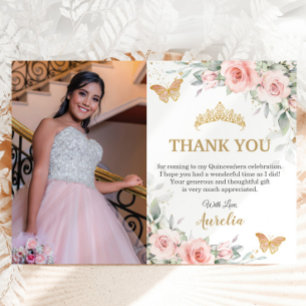 Carte De Remerciements Couronne dorée florale rose rose Quinceañera Photo